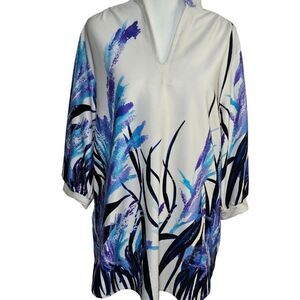 Vintage 80s Tunic Shirt Womens Size M White Blue Polyester 3/4 Sleeves
